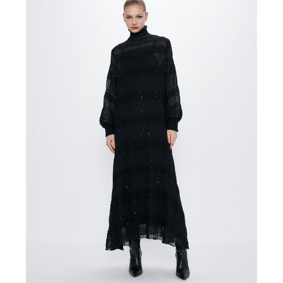 Zara Dresses & Skirts - ZARA BLACK RUCHED SEQUIN HIGH NECK LONG SLEEVE MAXI DRESS S NWT